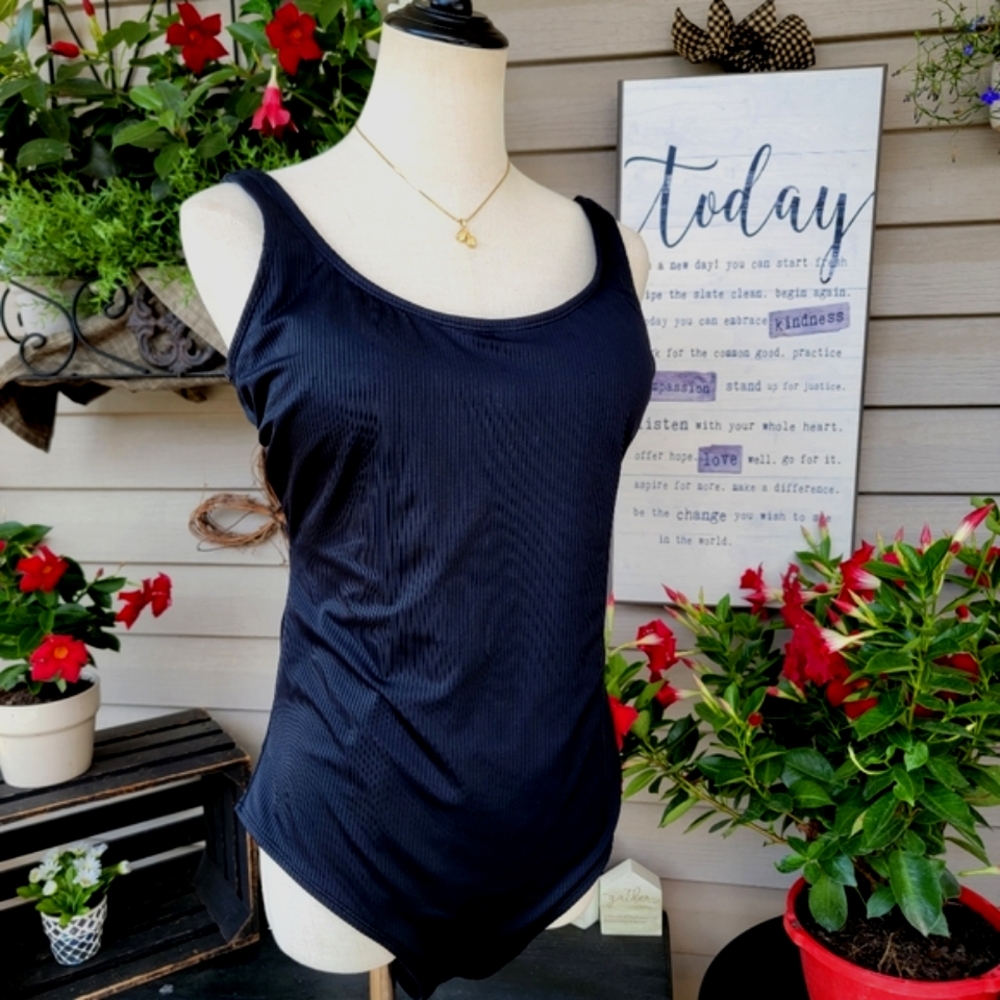 CATALINA ♡ Gorgeous Black Ribbed 1pc Swimsuit with Large Padded Bralette L 12-14